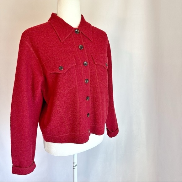 Jones New York Country Deep Red 100% Wool Button Carigan Sweater Jacket Medium - Picture 8 of 13